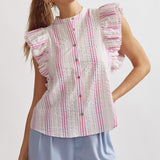 Textured Round Neck Button Up Top