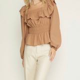 CAMEL LONG SLEEVE PEPLUM TOP