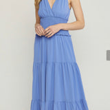 Solid V-Neck Sleeveless Tiered Maxi