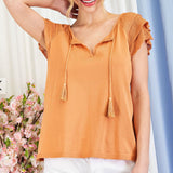 RUFFLE SHOULDER FRONT-TIE BLOUSE TOP
