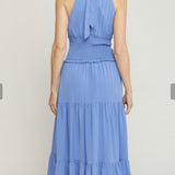 Solid V-Neck Sleeveless Tiered Maxi