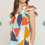 RUFFLED SHORT SLEEVE PRINTED V-NECK