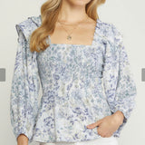 SPRING BLUE FLORAL PEPLUM TOP