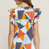 RUFFLED SHORT SLEEVE PRINTED V-NECK