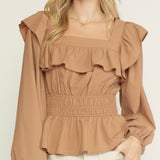 CAMEL LONG SLEEVE PEPLUM TOP
