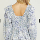 SPRING BLUE FLORAL PEPLUM TOP