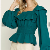 GREEN LONG SLEEVE PEPLUM TOP