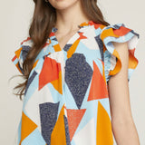 RUFFLED SHORT SLEEVE PRINTED V-NECK