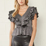 Smocked Ruffle Top Vneck