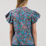 Floral Teal Button Top
