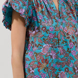 Floral Teal Button Top