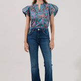 Floral Teal Button Top