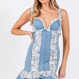 Stretch Denim W/ Lace Ruffle Mini Dress