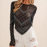 Mesh Rhinestone Fringe Top