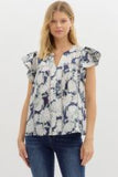 Floral V-Neck Flutter Sleeve Top with Lace Trim