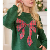 Green Sweater with Plaid Bow