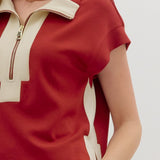 Solid Contrast Accent Zip-Front Pullover Top