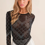 Mesh Rhinestone Fringe Top