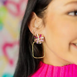 Pink Sunburst Rectangle Earrings