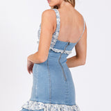 Stretch Denim W/ Lace Ruffle Mini Dress