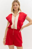 Solid Zip-Front Romper with Contrast Accents
