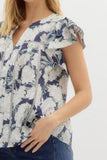 Floral V-Neck Flutter Sleeve Top with Lace Trim
