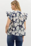 Floral V-Neck Flutter Sleeve Top with Lace Trim