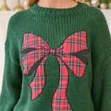 Green Sweater with Plaid Bow