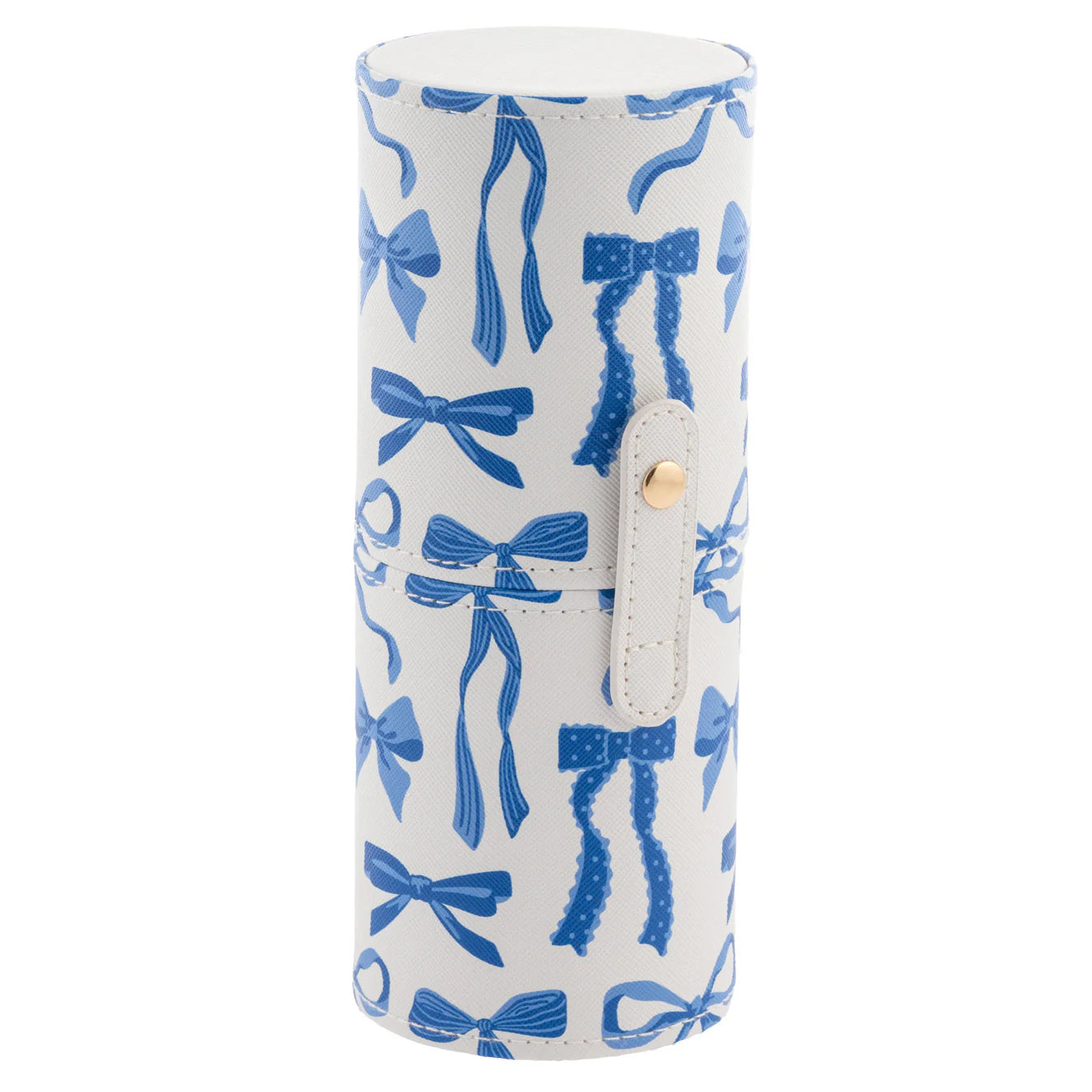 White cylindrical pouch with blue bow pattern on a white background