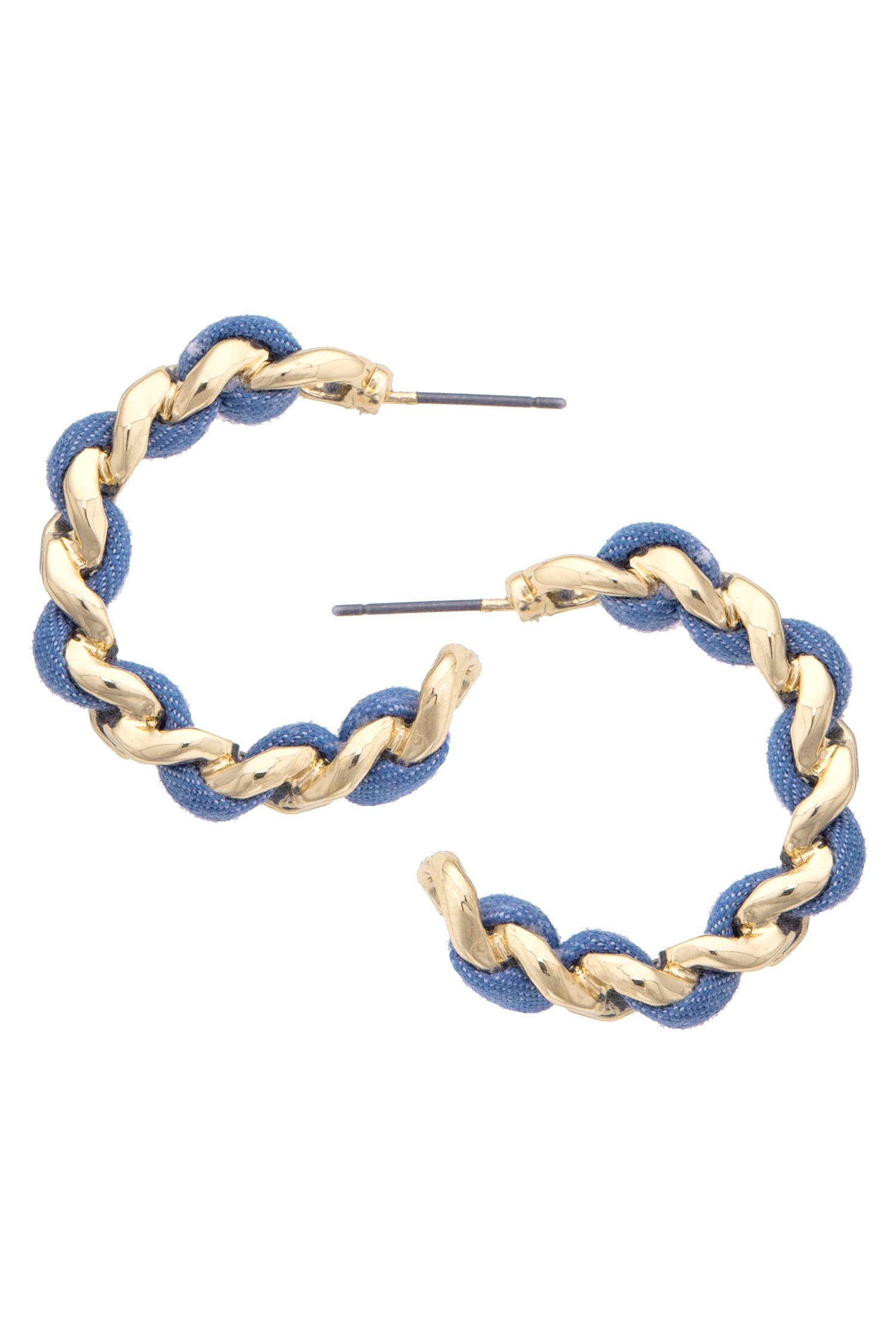 Pair of gold and blue hoop earrings on a white background