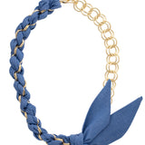 Necklace with blue braided cord and leaf-shaped pendants on a white background