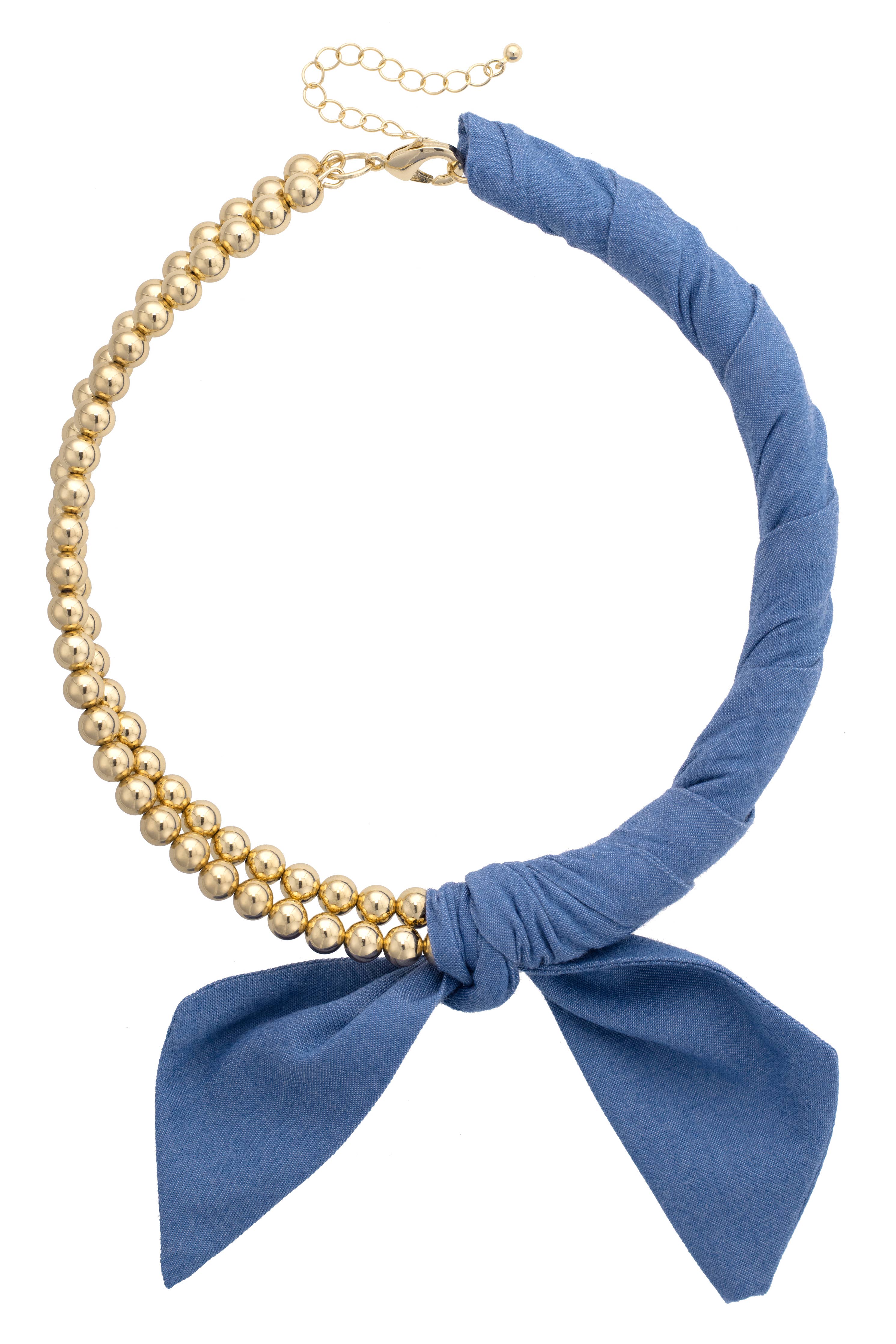 Necklace with blue bow and gold beads on a white background
