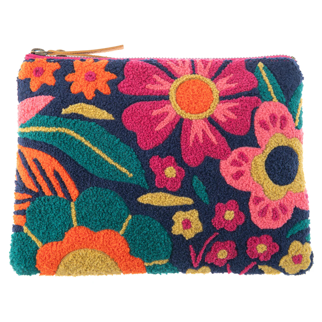 Floral patterned pouch with vibrant colors on a white background