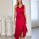 Red Asymmetric Satin Skirt