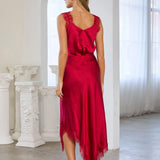 Red Asymmetric Satin Skirt