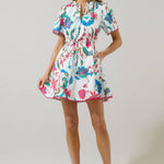 Mini shift dress featuring floral print and drawstring waist