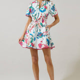 Mini shift dress featuring floral print and drawstring waist