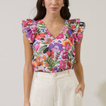 joyful Bloom Ruffle Trim Top: floral multi, V-neck, lined, short sleeves with layered ruffles