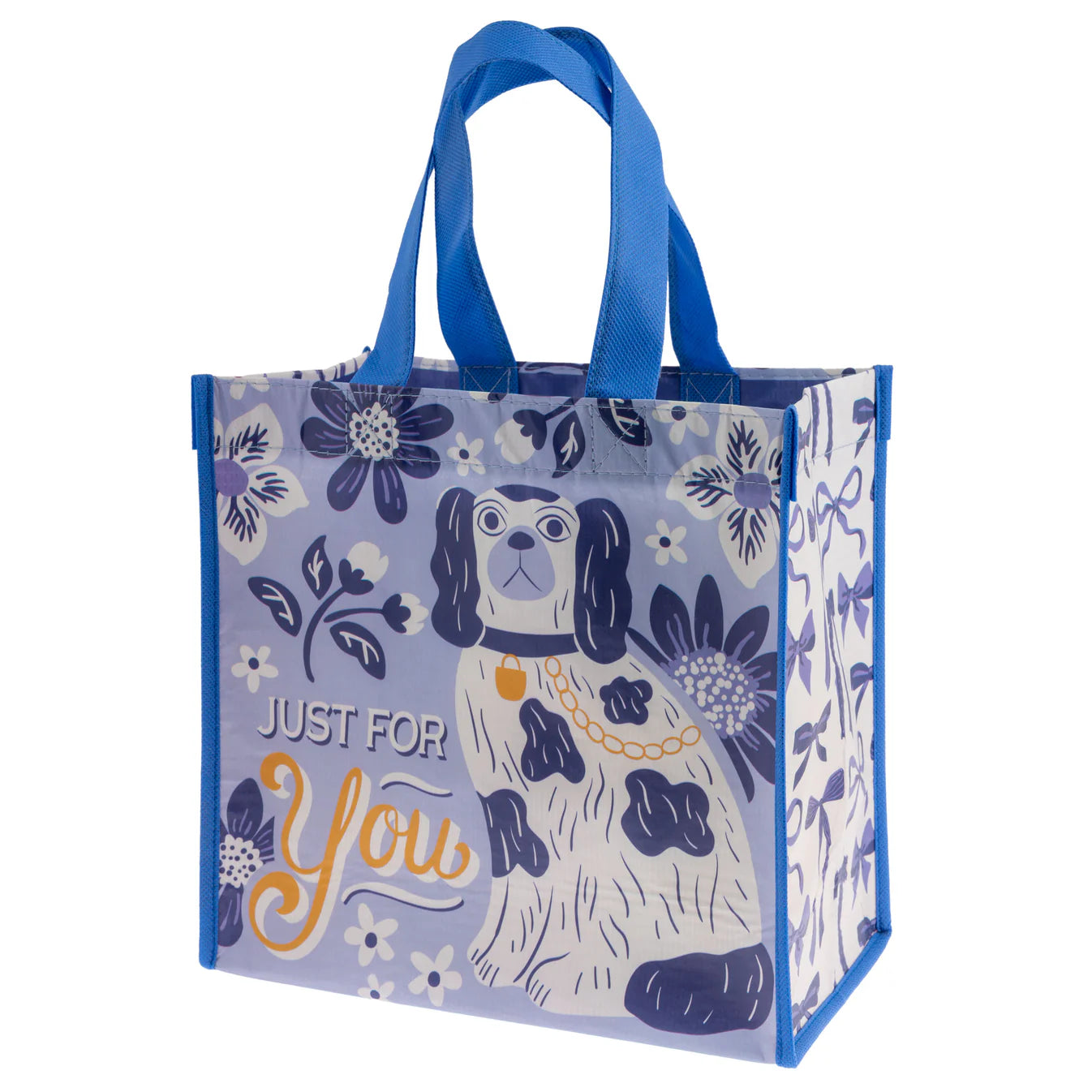 Reusable shopping bag with dog illustration and floral pattern on a white background