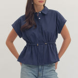 Navy Drawstring Cap Sleeve Top