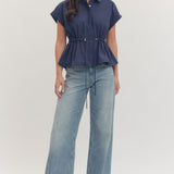 Navy Drawstring Cap Sleeve Top