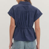 Navy Drawstring Cap Sleeve Top