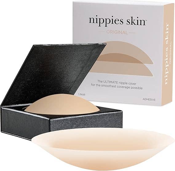 Nipple cover with packaging labeled 'nippies skin' on a white background