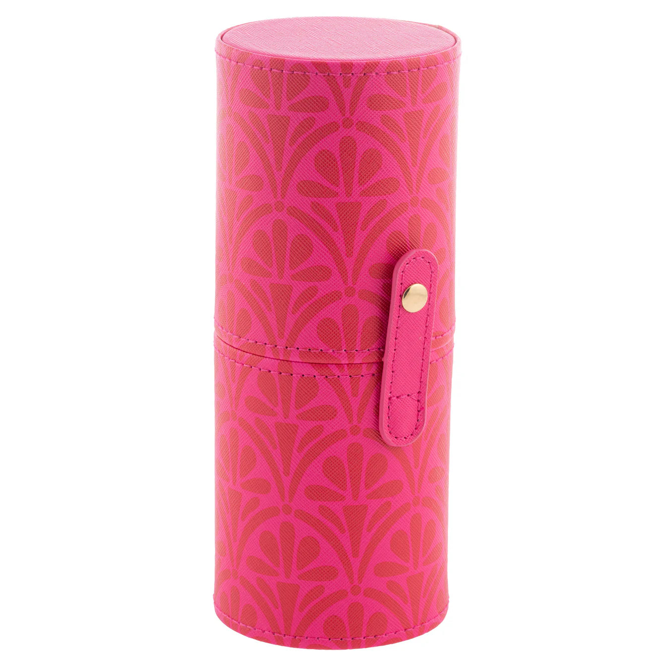 Pink cylindrical case with a geometric pattern on a white background