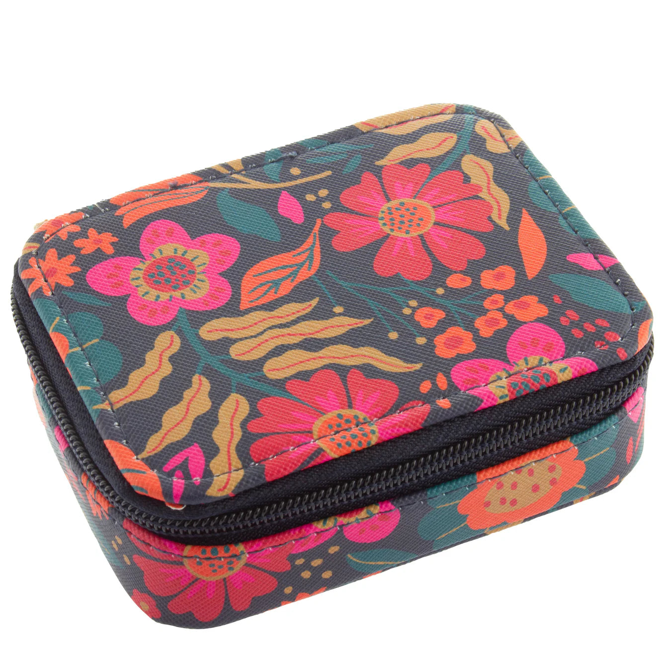 Floral patterned case with a zipper on a white background
