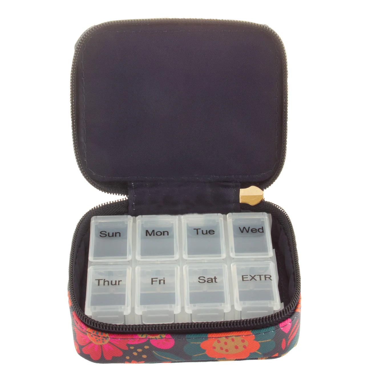 Weekly pill organizer with floral case on a white background