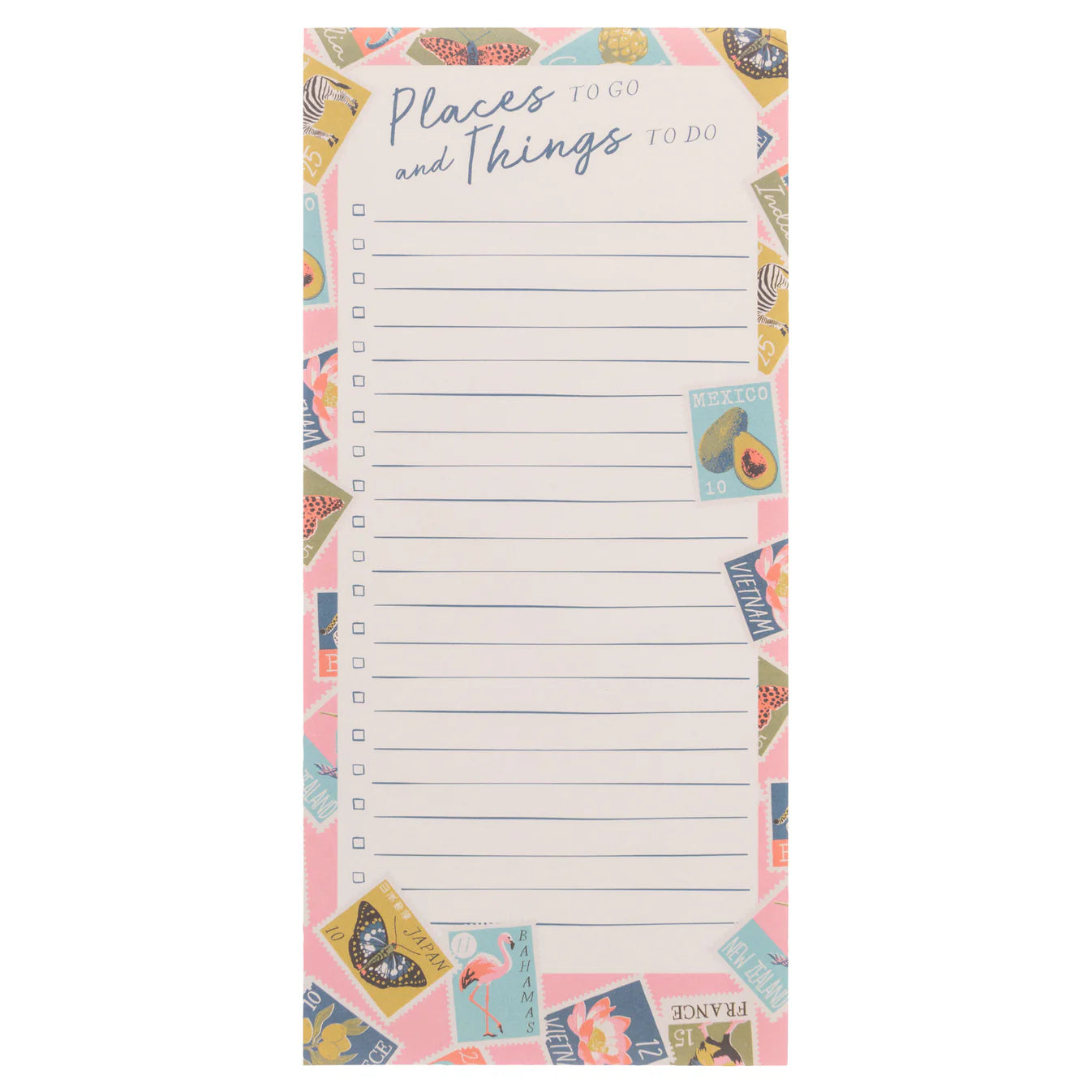 long notepad with stamps and lines for a list