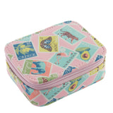 Small pink case with colorful stamp design on a white background