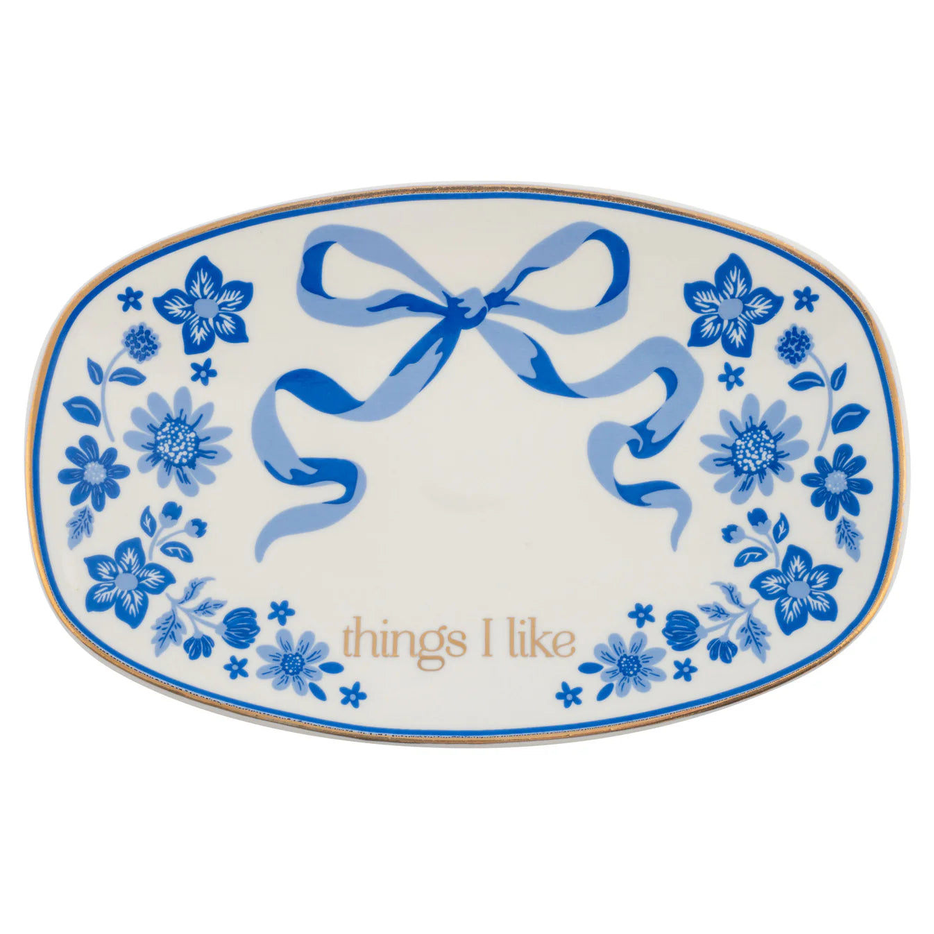 Decorative plate with blue floral patterns and a bow, featuring the text 'things I like'.