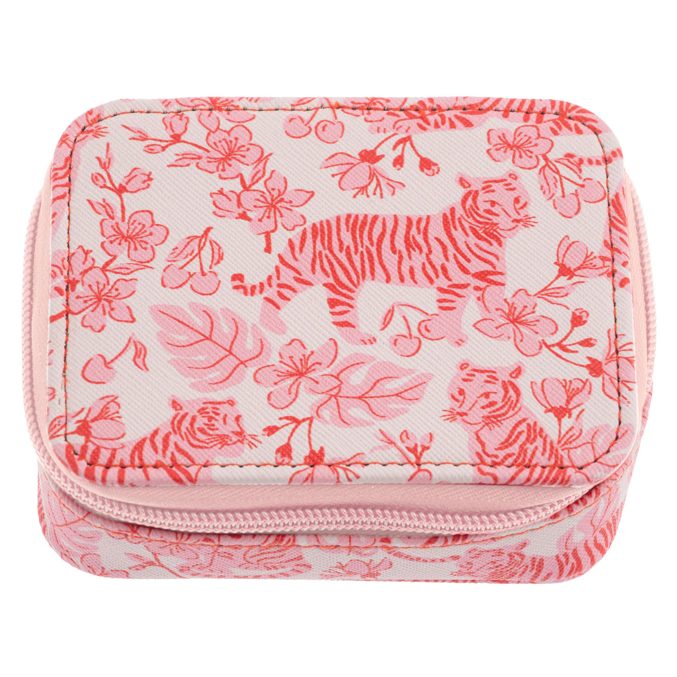 Pink toiletry bag with floral pattern